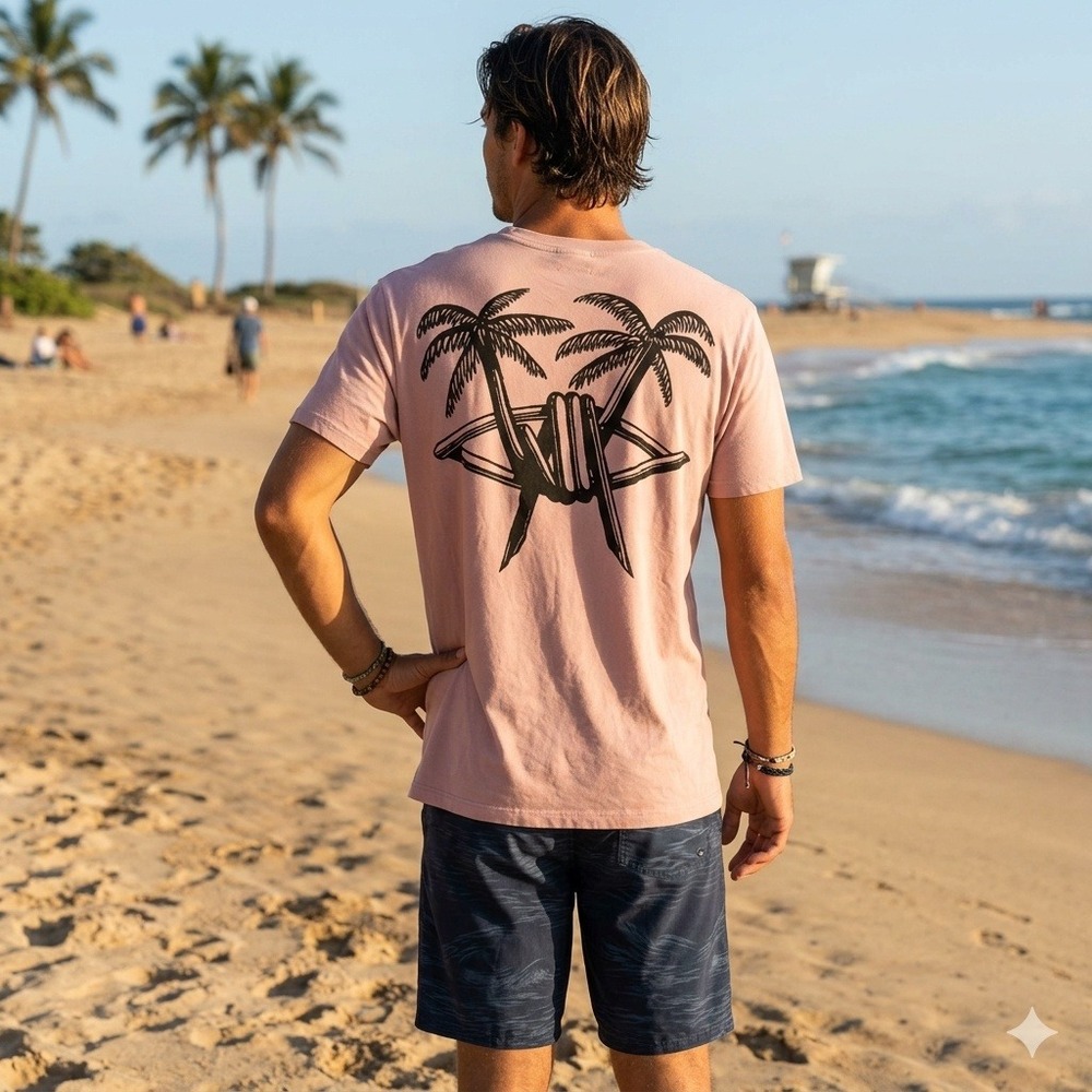 AllSaints Barbed Palm SS Crew T-Shirt Oversized Graphic Tee Pink Medium